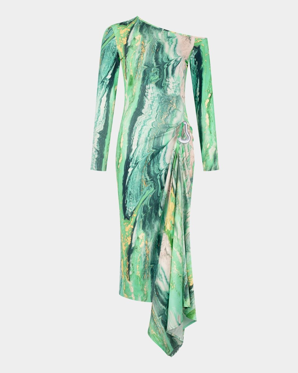 Tahia Off-The-Shoulder Long-Sleeve Draped Midi Dress